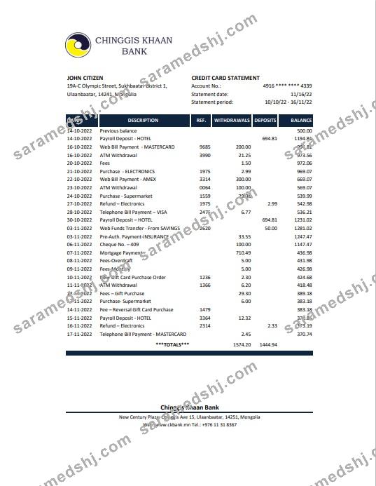 Mongolia Chinggis Khaan bank Excel and PDF template